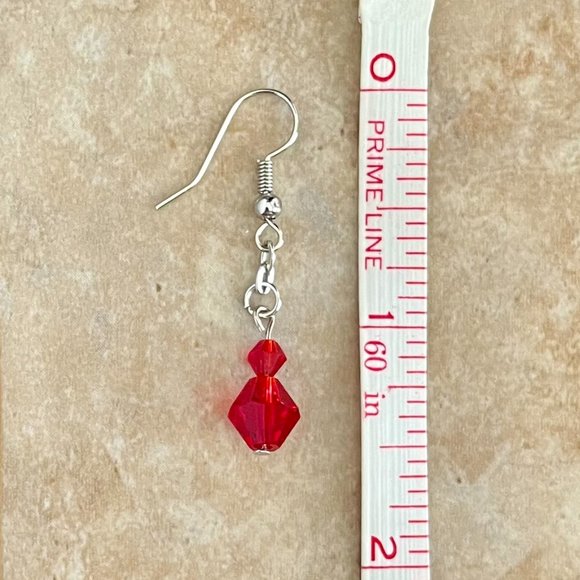 Hand Crafted Red Glass Dangle Earrings Deep Red Color Bicone Glass Earrings - Picture 4 of 4